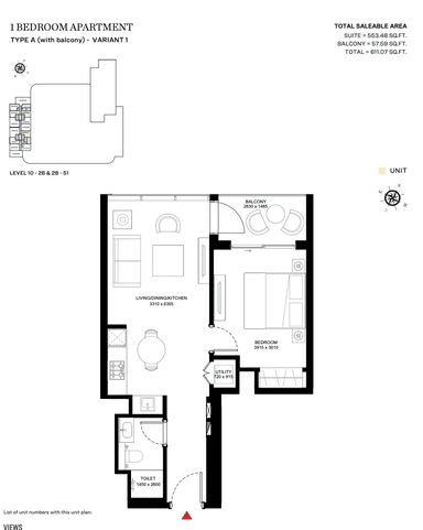 Type A (With Balcony) - Variant 1 - Tower A - 1BR