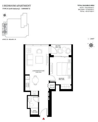 Type A (With Balcony) - Variant 3 - Tower A - 1BR
