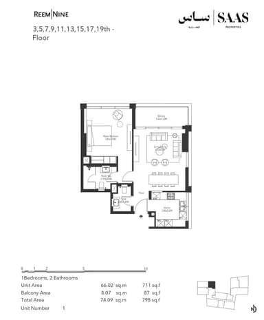 3,5,7,9,11,13,15,17,19th Floor, Unit 1 1BD