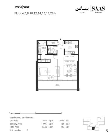 4,6,8,10,12,14,16,18,20th Floor, Unit 5 1BD